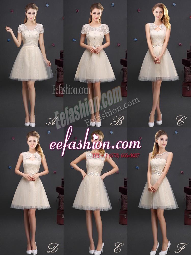  Champagne Lace Up Wedding Guest Dresses Beading and Lace and Appliques and Belt Sleeveless Mini Length