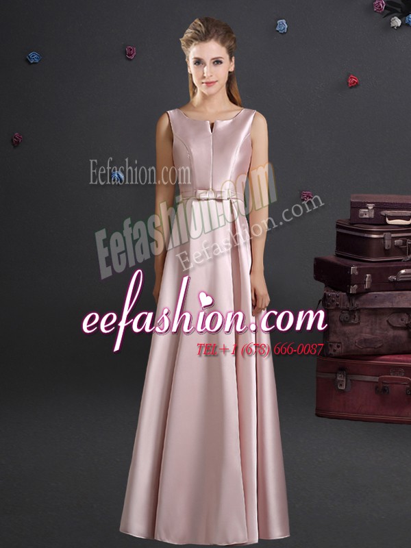  Straps Pink Sleeveless Bowknot Floor Length Quinceanera Court of Honor Dress