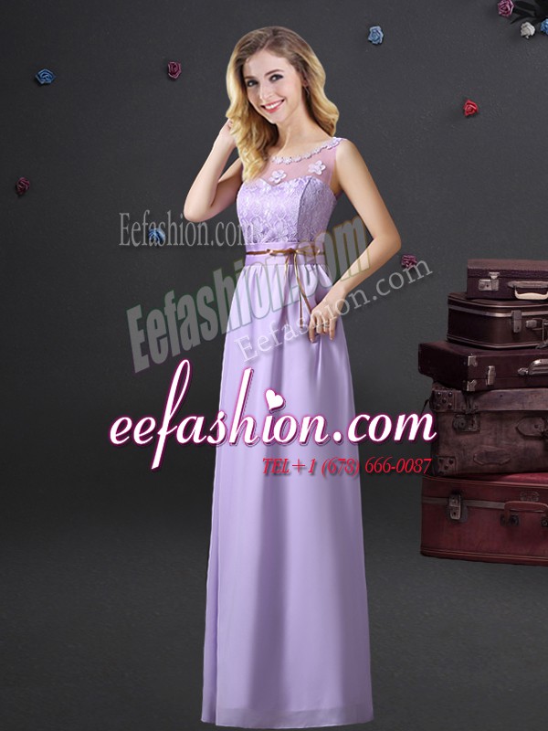  Scoop See Through Chiffon Sleeveless Floor Length Wedding Guest Dresses and Lace and Appliques and Belt