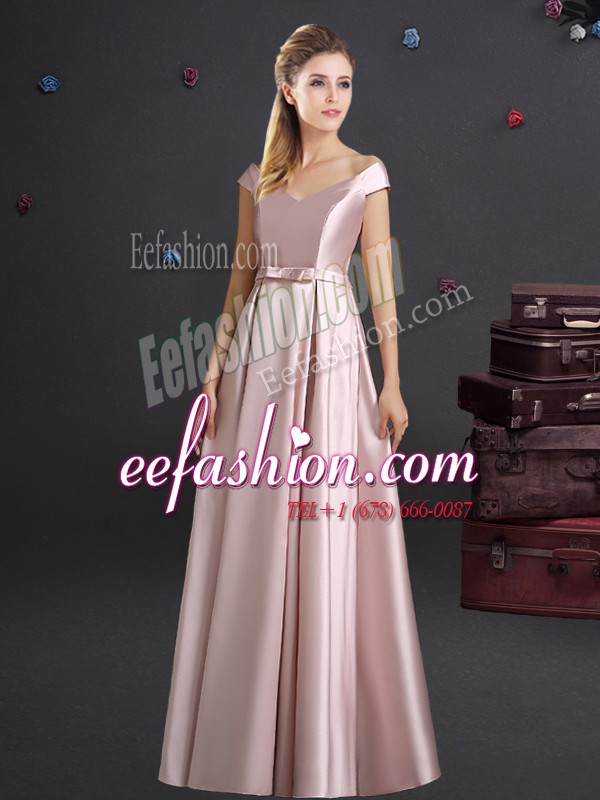 Glamorous Elastic Woven Satin Off The Shoulder Cap Sleeves Zipper Bowknot Damas Dress in Pink