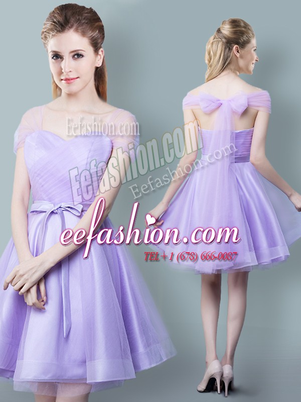 Fine Straps Lavender Cap Sleeves Ruching and Bowknot Knee Length Court Dresses for Sweet 16