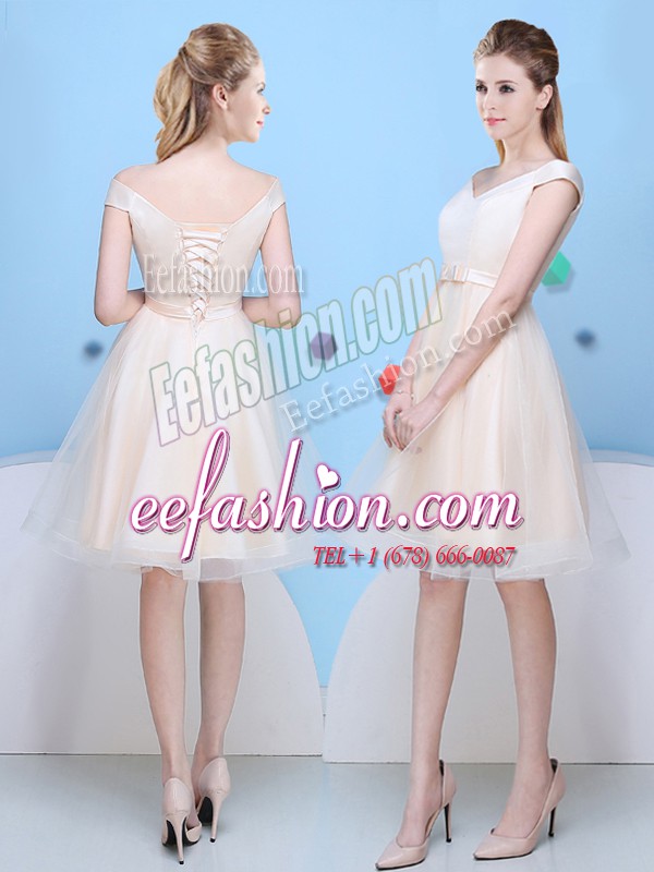  Knee Length Champagne Quinceanera Dama Dress V-neck Cap Sleeves Lace Up