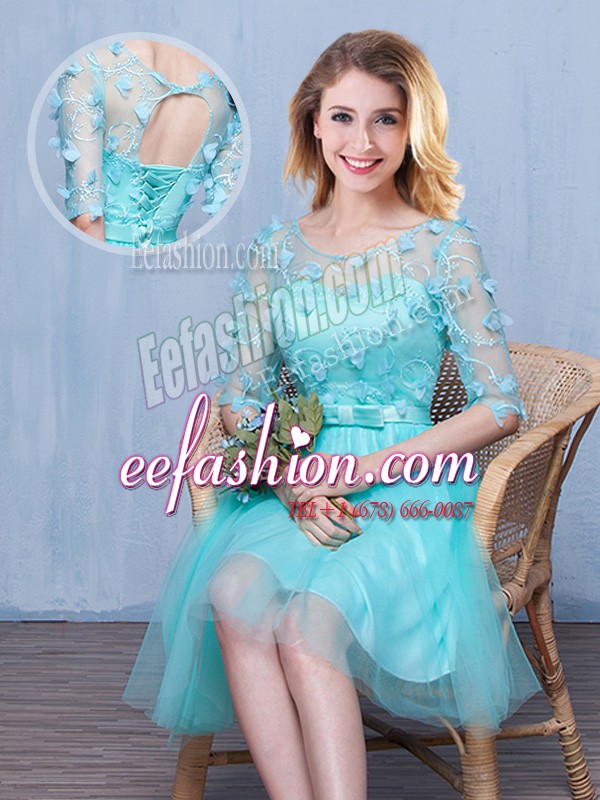 Stylish Aqua Blue Wedding Party Dress Prom and Party and Wedding Party and For with Lace and Appliques and Bowknot Scoop Half Sleeves Lace Up