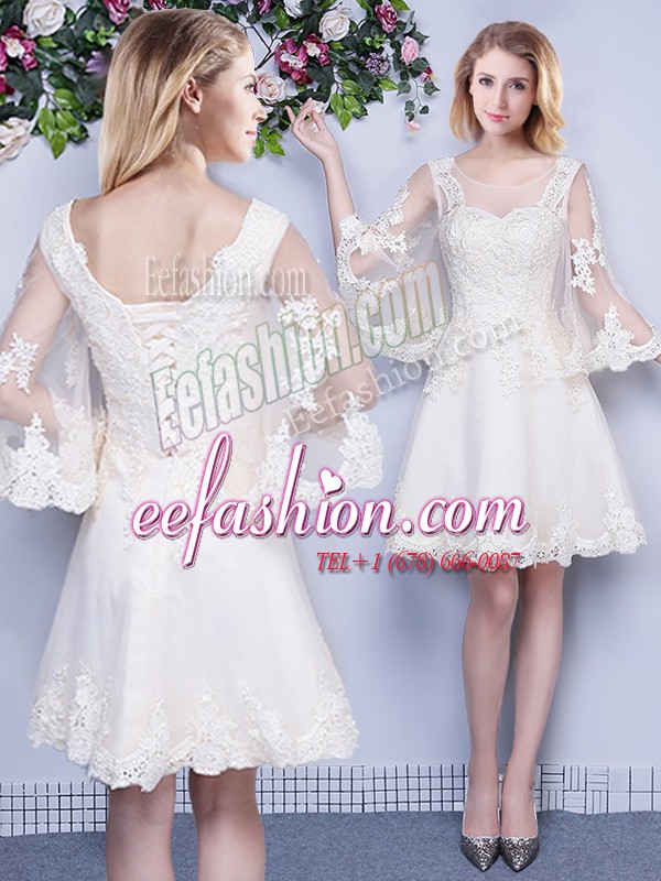Vintage White Tulle Lace Up Scoop 3 4 Length Sleeve Knee Length Wedding Party Dress Lace