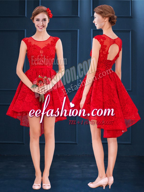  Red A-line Lace Scoop Sleeveless Lace High Low Lace Up Bridesmaid Dress