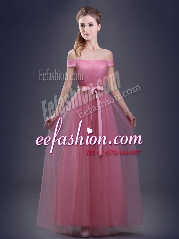 Traditional Pink Empire Tulle Off The Shoulder Sleeveless Ruching and Bowknot Floor Length Lace Up Bridesmaids Dress