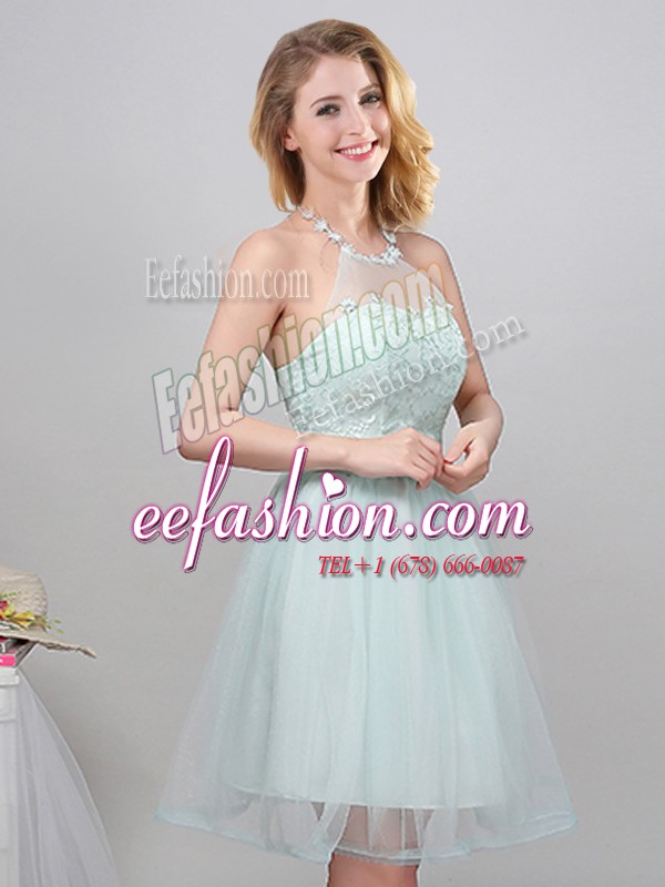 Fantastic Halter Top Apple Green A-line Lace and Appliques and Belt Vestidos de Damas Lace Up Tulle Sleeveless Mini Length