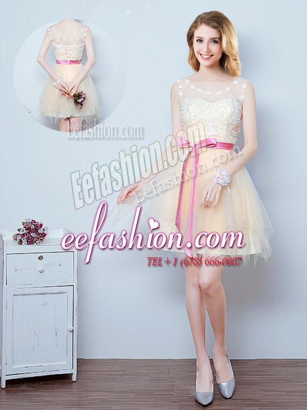 Fabulous Scoop Champagne Lace Up Bridesmaid Dress Lace and Appliques and Ruffles and Bowknot Sleeveless Mini Length