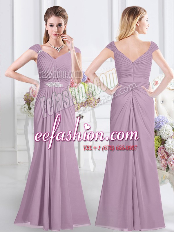  Lavender Chiffon Zipper Vestidos de Damas Cap Sleeves Floor Length Beading and Ruching