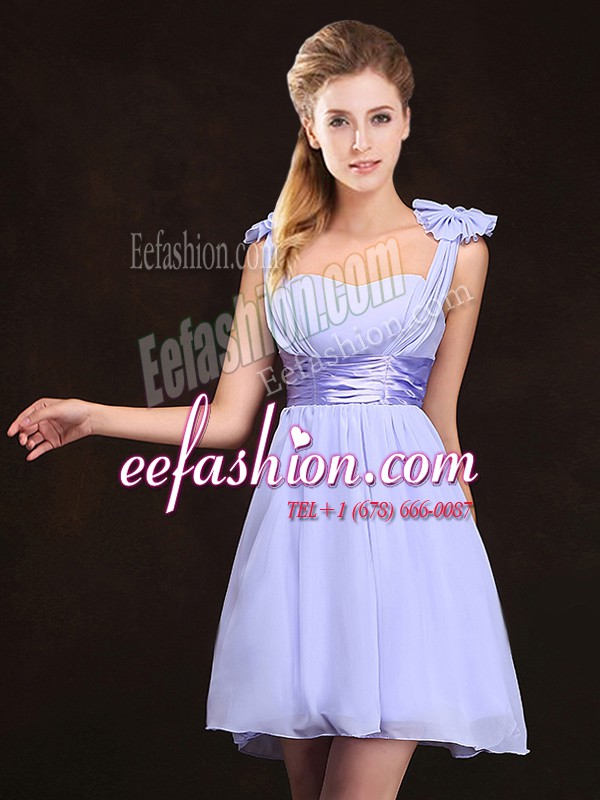 Fine Lavender Wedding Guest Dresses Prom and Party and Wedding Party and For with Ruching and Bowknot Straps Sleeveless Zipper