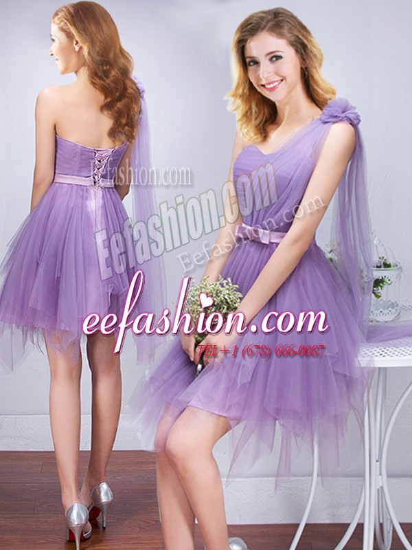 Artistic One Shoulder Lavender Tulle Lace Up Bridesmaid Gown Sleeveless Mini Length Ruffles and Ruching and Belt and Hand Made Flower