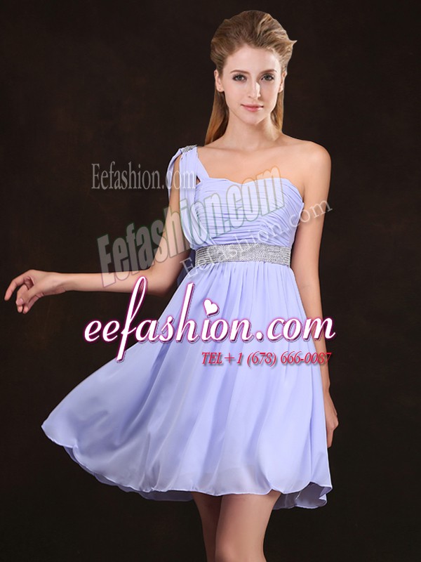 Glittering One Shoulder Lavender Sleeveless Mini Length Sequins and Ruching Zipper Bridesmaid Gown