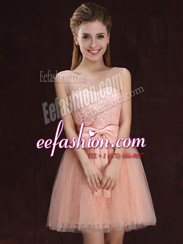 Charming Peach Scoop Neckline Lace and Bowknot Dama Dress for Quinceanera Sleeveless Lace Up