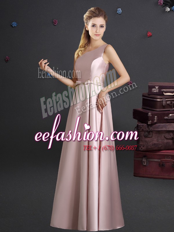  One Shoulder Pink Sleeveless Elastic Woven Satin Zipper Bridesmaids Dress for Prom and Party and Wedding Party