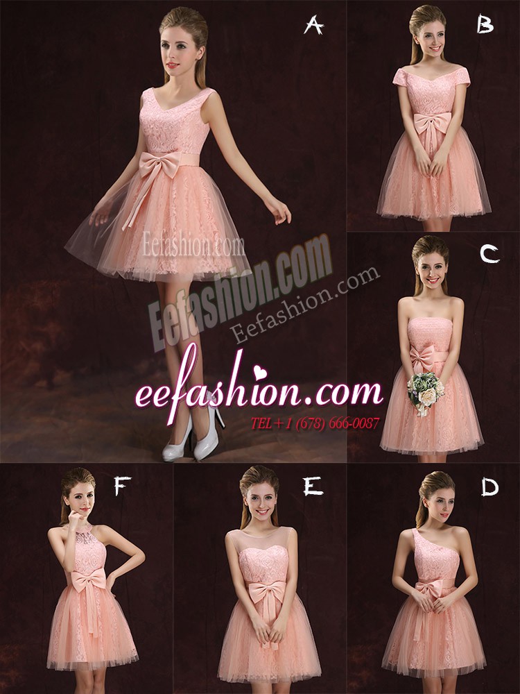  Mini Length Lace Up Court Dresses for Sweet 16 Peach for Prom and Party with Lace and Bowknot