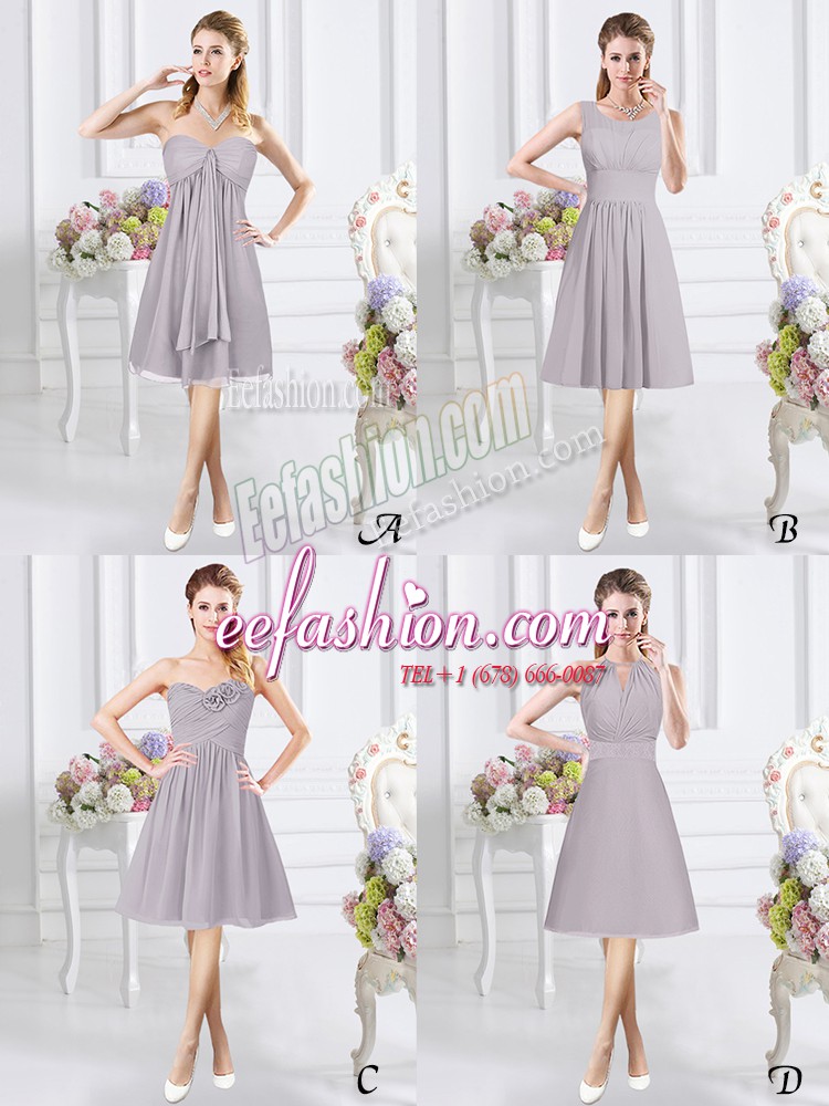  Grey Side Zipper Bridesmaids Dress Lace and Ruching and Hand Made Flower Sleeveless Knee Length