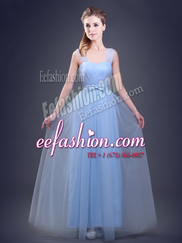  Straps Floor Length Light Blue Quinceanera Court Dresses Tulle Sleeveless Ruching and Bowknot