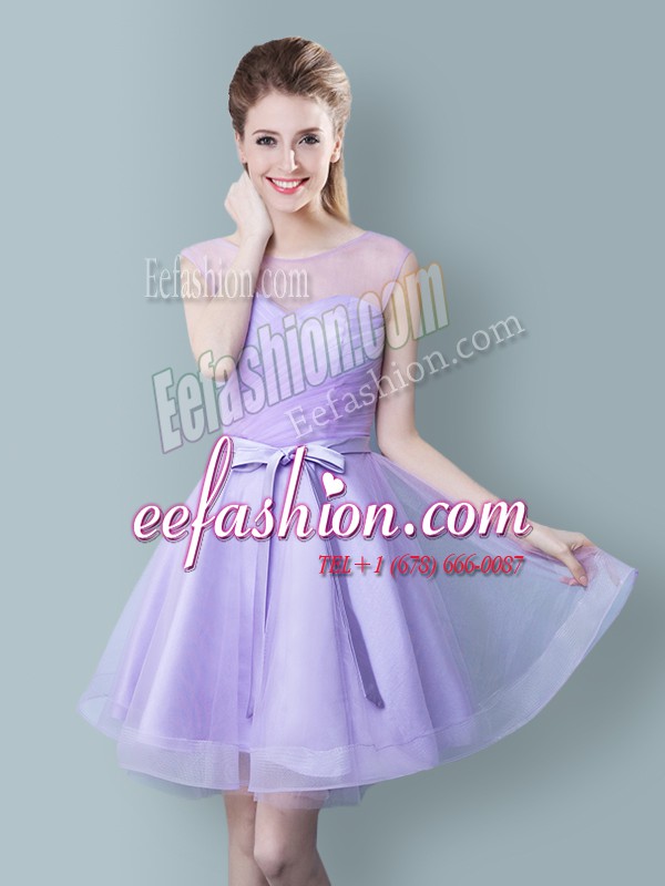  Scoop Tulle Sleeveless Knee Length Court Dresses for Sweet 16 and Ruching and Bowknot