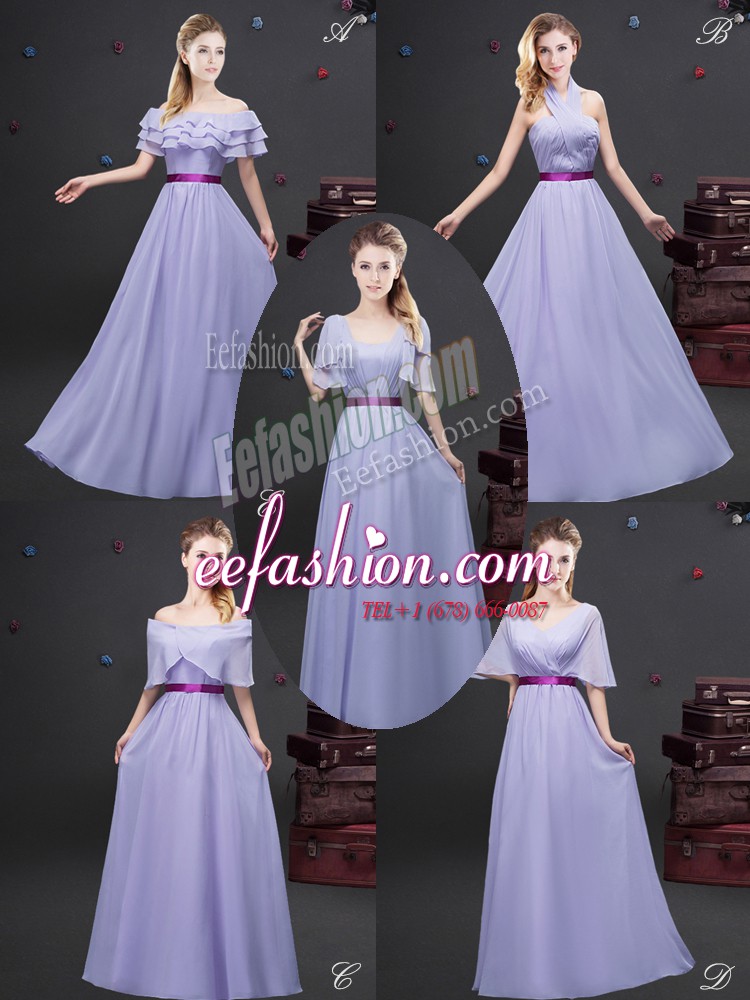  Lavender Off The Shoulder Zipper Ruffled Layers and Ruching and Belt Bridesmaid Gown Sleeveless