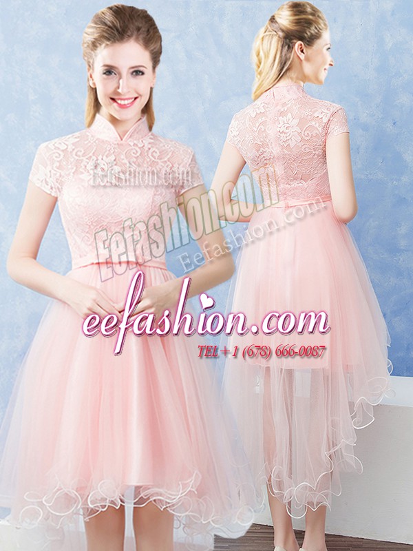 Fabulous Short Sleeves Tulle High Low Zipper Dama Dress for Quinceanera in Baby Pink with Lace and Belt