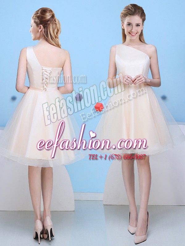 Sumptuous Champagne A-line One Shoulder Sleeveless Tulle Knee Length Lace Up Bowknot Dama Dress for Quinceanera
