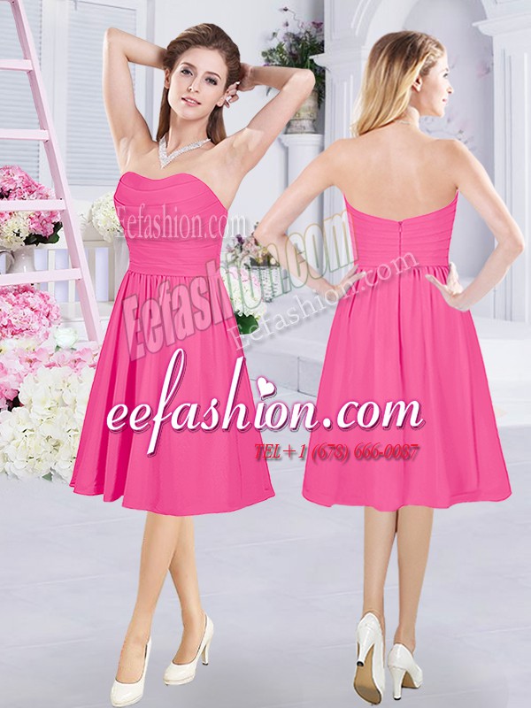 High Class Hot Pink Chiffon Zipper Quinceanera Court Dresses Sleeveless Knee Length Ruching