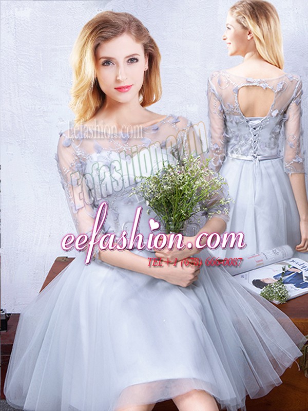 Top Selling Grey A-line Tulle Scoop Half Sleeves Lace and Appliques and Belt Knee Length Lace Up Quinceanera Court Dresses