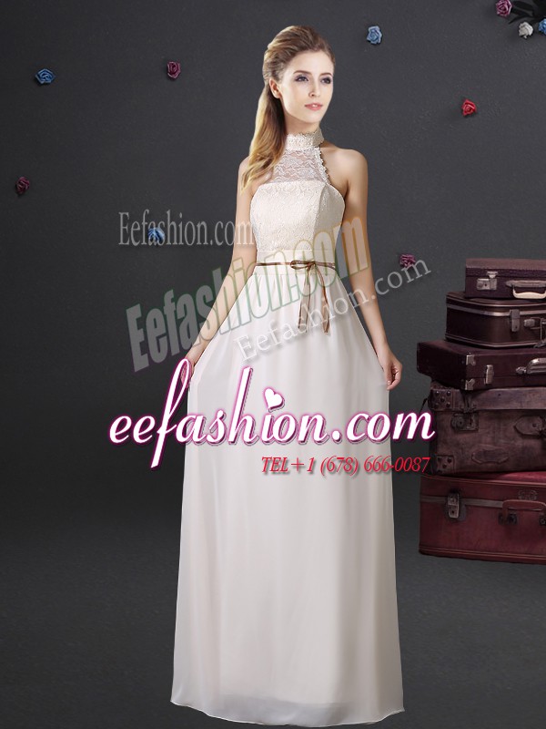 White Chiffon Lace Up Halter Top Sleeveless Floor Length Wedding Guest Dresses Lace and Belt