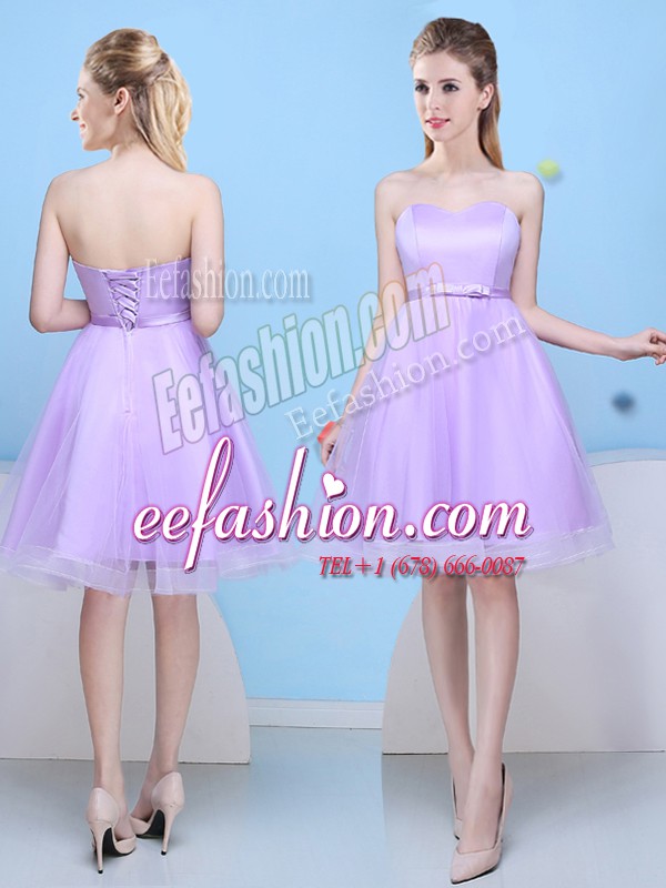 Glittering Lavender Tulle Lace Up Sweetheart Sleeveless Knee Length Bridesmaids Dress Bowknot