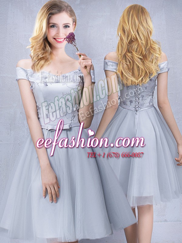 Custom Made Off the Shoulder Grey A-line Appliques and Belt Bridesmaids Dress Lace Up Tulle Sleeveless Knee Length