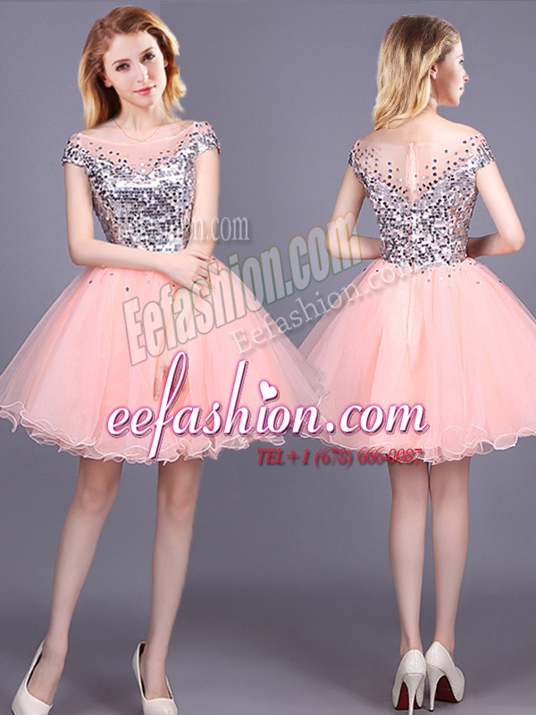  Pink Zipper Off The Shoulder Sequins Dama Dress for Quinceanera Tulle Short Sleeves