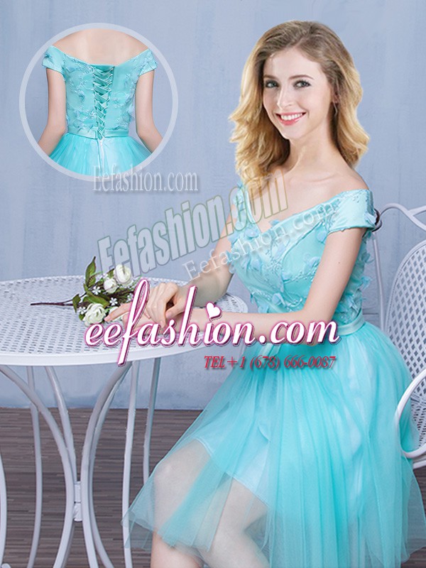 Hot Selling Off the Shoulder Knee Length Aqua Blue Bridesmaids Dress Tulle Cap Sleeves Lace and Appliques and Bowknot