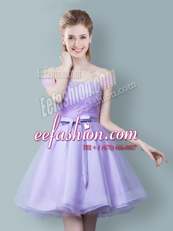 Dazzling Off the Shoulder Lavender Sleeveless Ruching and Bowknot Knee Length Wedding Guest Dresses