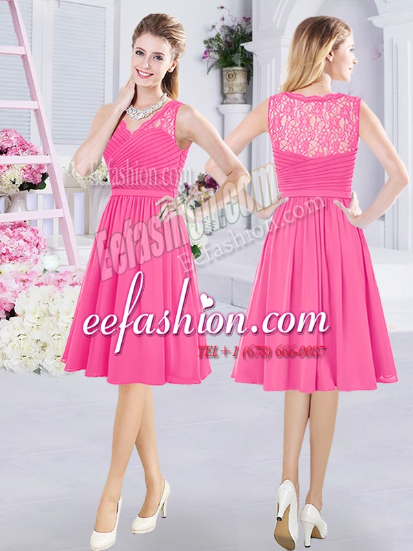 Gorgeous Knee Length Hot Pink Wedding Party Dress Chiffon Sleeveless Lace and Ruching