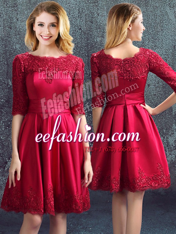 Custom Made Wine Red Satin Zipper Bateau Half Sleeves Mini Length Bridesmaid Dress Lace
