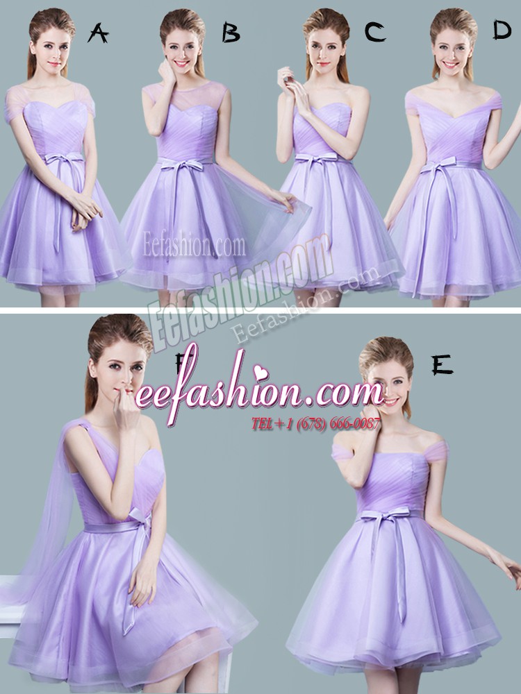  Lavender Bridesmaids Dress Prom and Party and Wedding Party and For with Ruching and Bowknot Straps Cap Sleeves Zipper