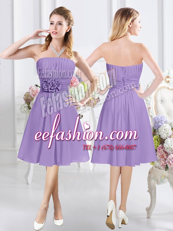 Trendy Lavender A-line Ruching and Hand Made Flower Quinceanera Court Dresses Zipper Chiffon Sleeveless Knee Length