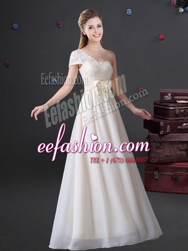 Stylish White Zipper One Shoulder Lace and Bowknot Bridesmaids Dress Chiffon Sleeveless