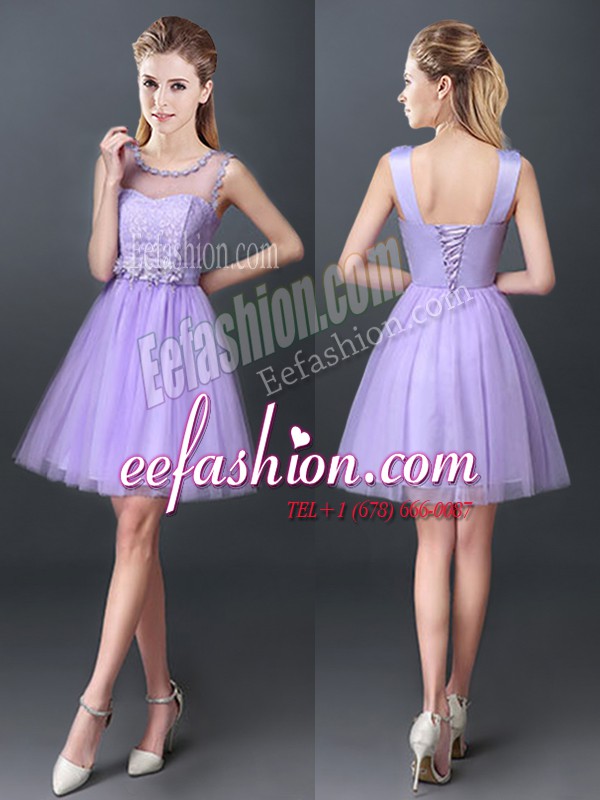 Classical Scoop Lavender Sleeveless Tulle Lace Up Bridesmaid Gown for Prom and Party and Wedding Party
