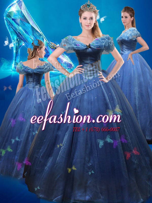 Gorgeous Cinderella Tulle Off The Shoulder Sleeveless Lace Up Beading and Bowknot Sweet 16 Dresses in Navy Blue