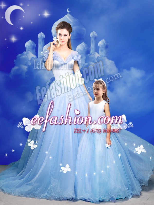 Custom Made Light Blue Tulle Zipper Off The Shoulder Sleeveless With Train Quinceanera Gowns Court Train Beading and Bowknot and Hand Made Flower