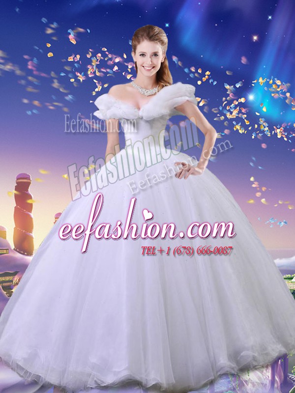 Pretty Cinderella Off The Shoulder Sleeveless Tulle 15 Quinceanera Dress Beading and Bowknot Lace Up