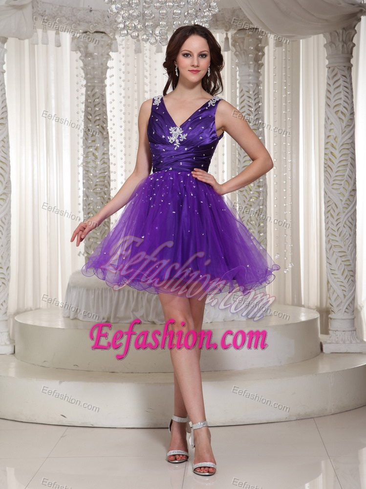 Chic V-neck Straps Mini-length Purple Tulle Celebrity Party Dress with Beading