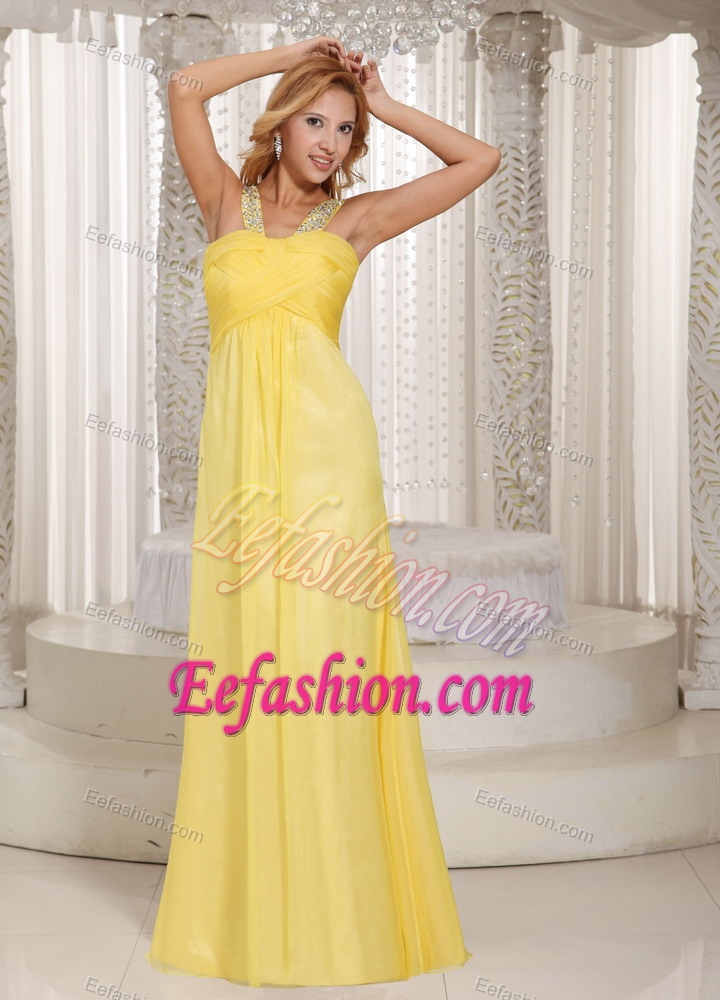 Best Seller Beaded Straps Long Yellow Ruched Chiffon Celebrity Dresses