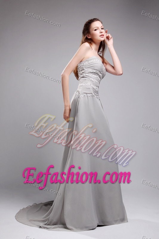 Gray Sweetheart Brush Train Chiffon Celebrity Dress with Ruching and Appliques
