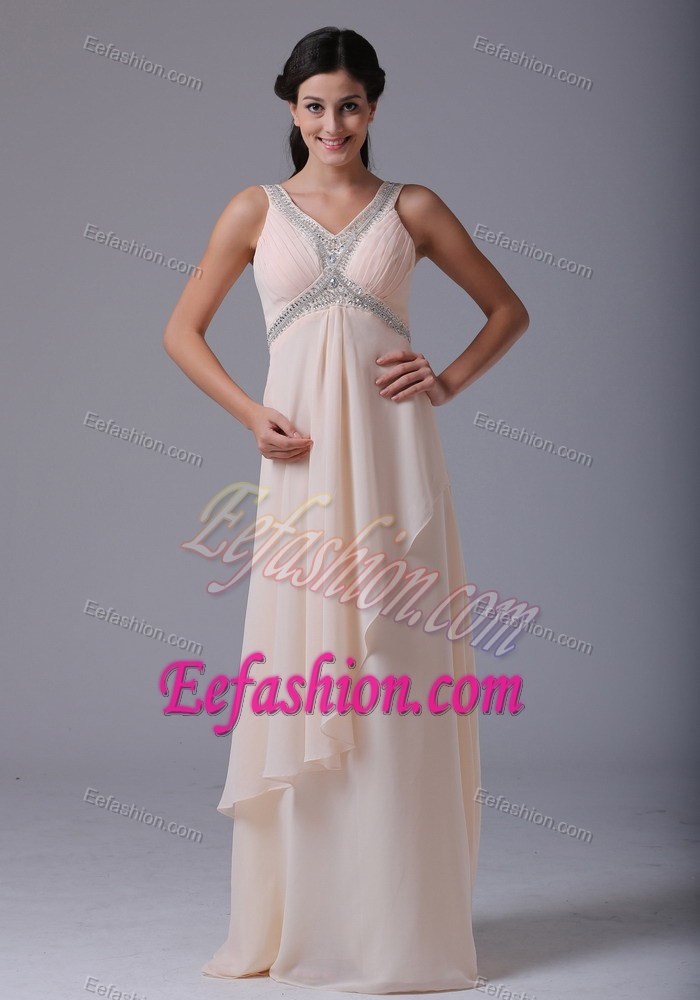 V-neck Long Champagne Ruched Chiffon Celebrity Dress with Beading