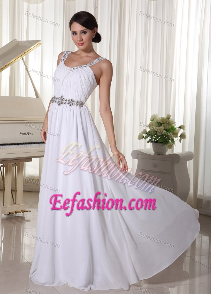 White Straps Long Ruched Chiffon Celebrity Dress with Beading on Sale