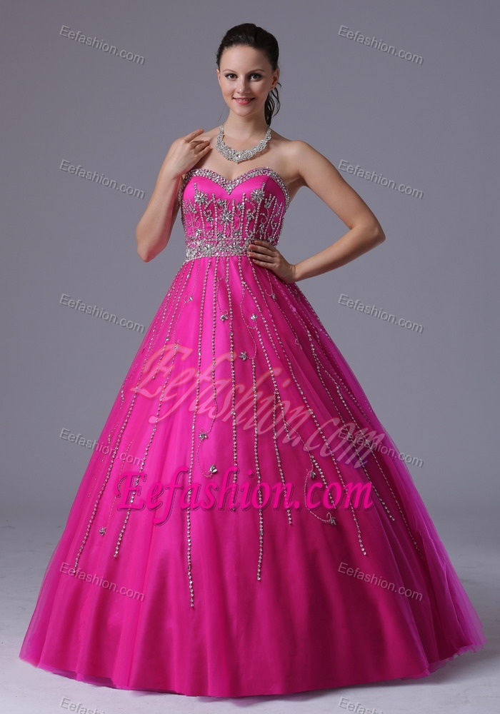 Sweetheart Long Fuchsia Princess Tulle Celebrity Dresses with Beading