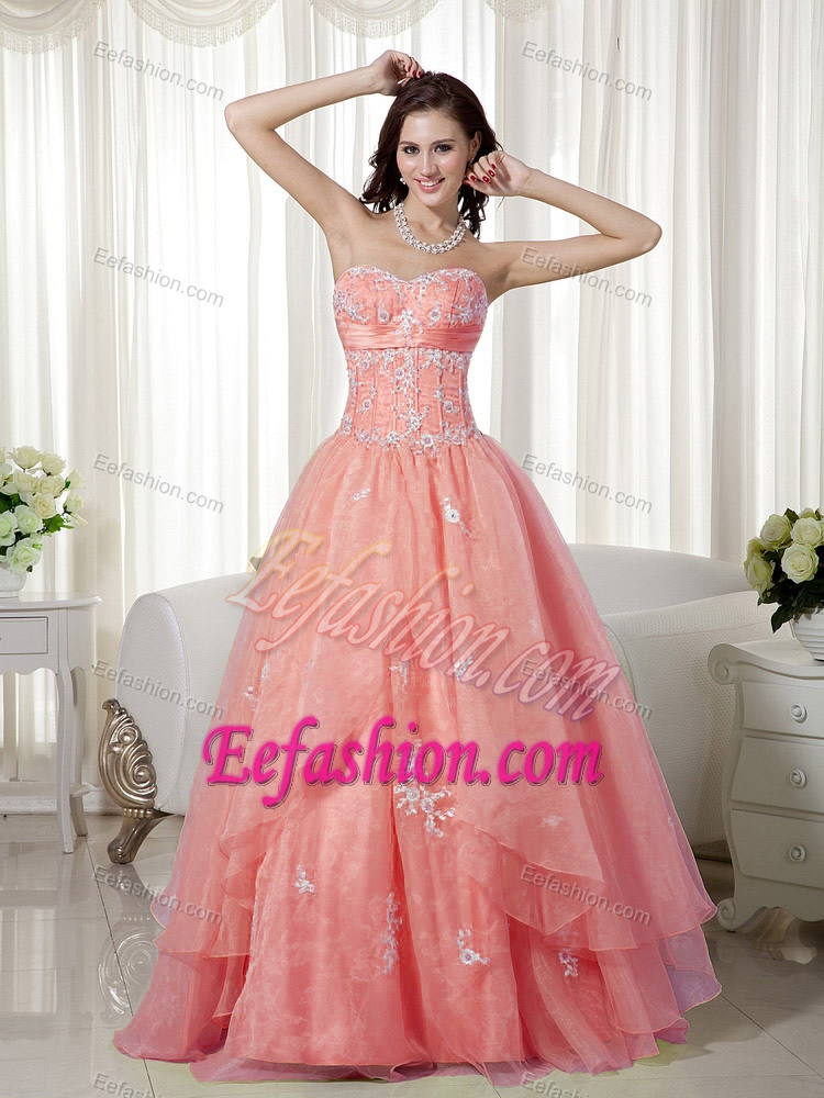 Sweetheart Long Princess Baby Pink Organza Appliqued Celebrity Dress