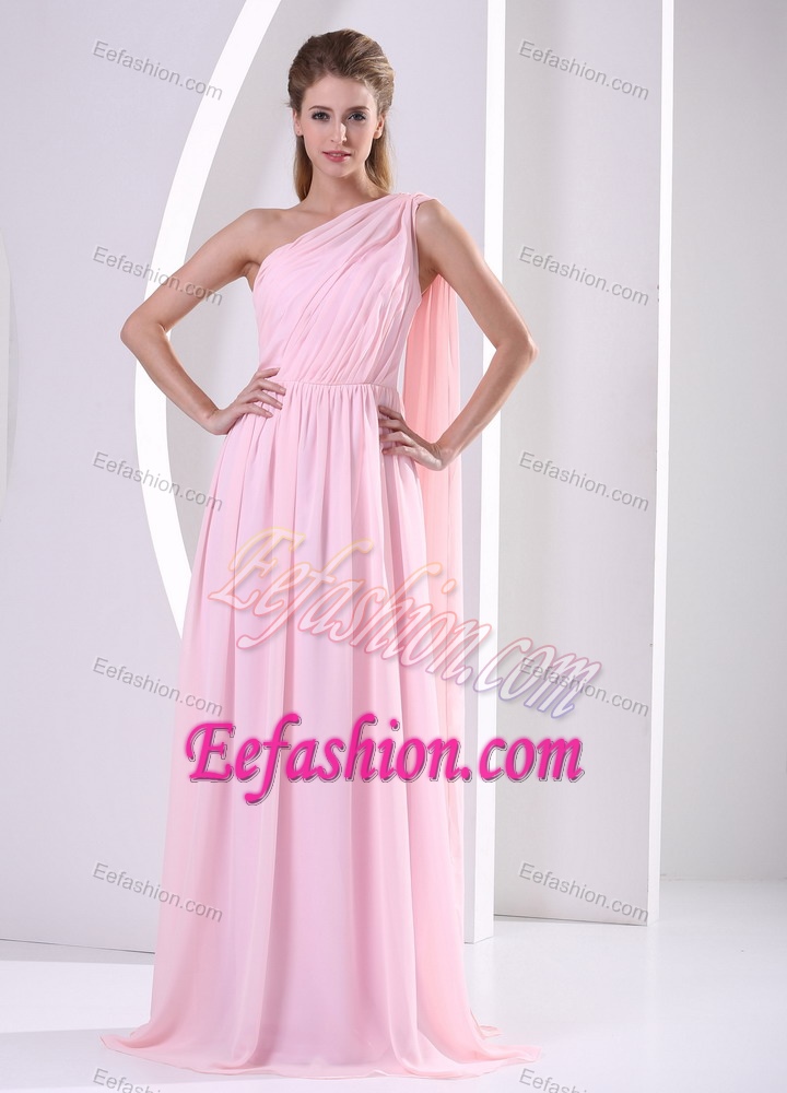New One Shoulder Watteau Train Baby Pink Chiffon Celebrity Dress with Ruching